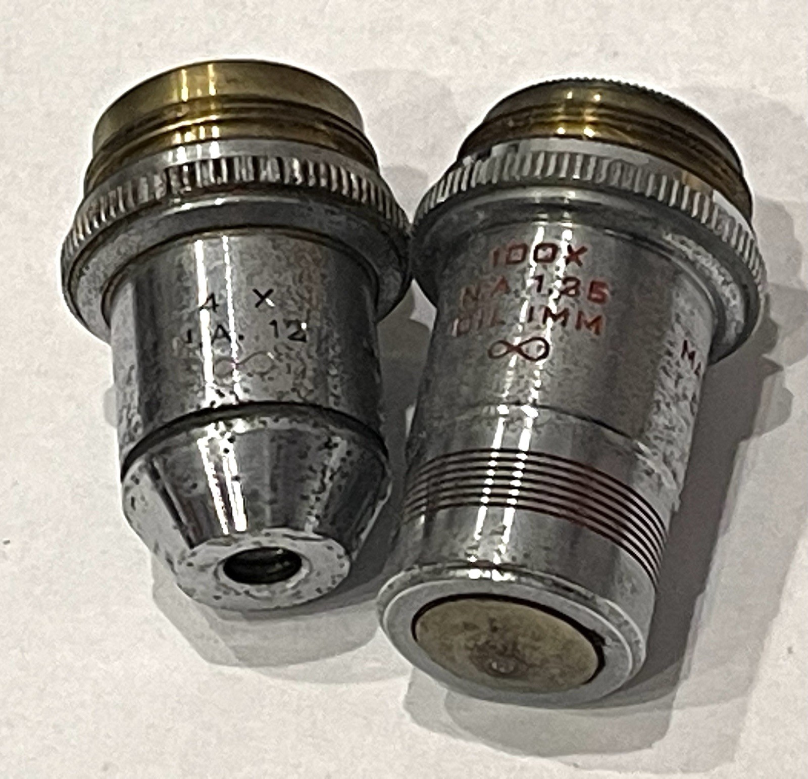 Lot of 2 Spencer Objective Lens 4x.12 Cat. 1075, 100x1.25 Oil 1mm Cat. 1079
