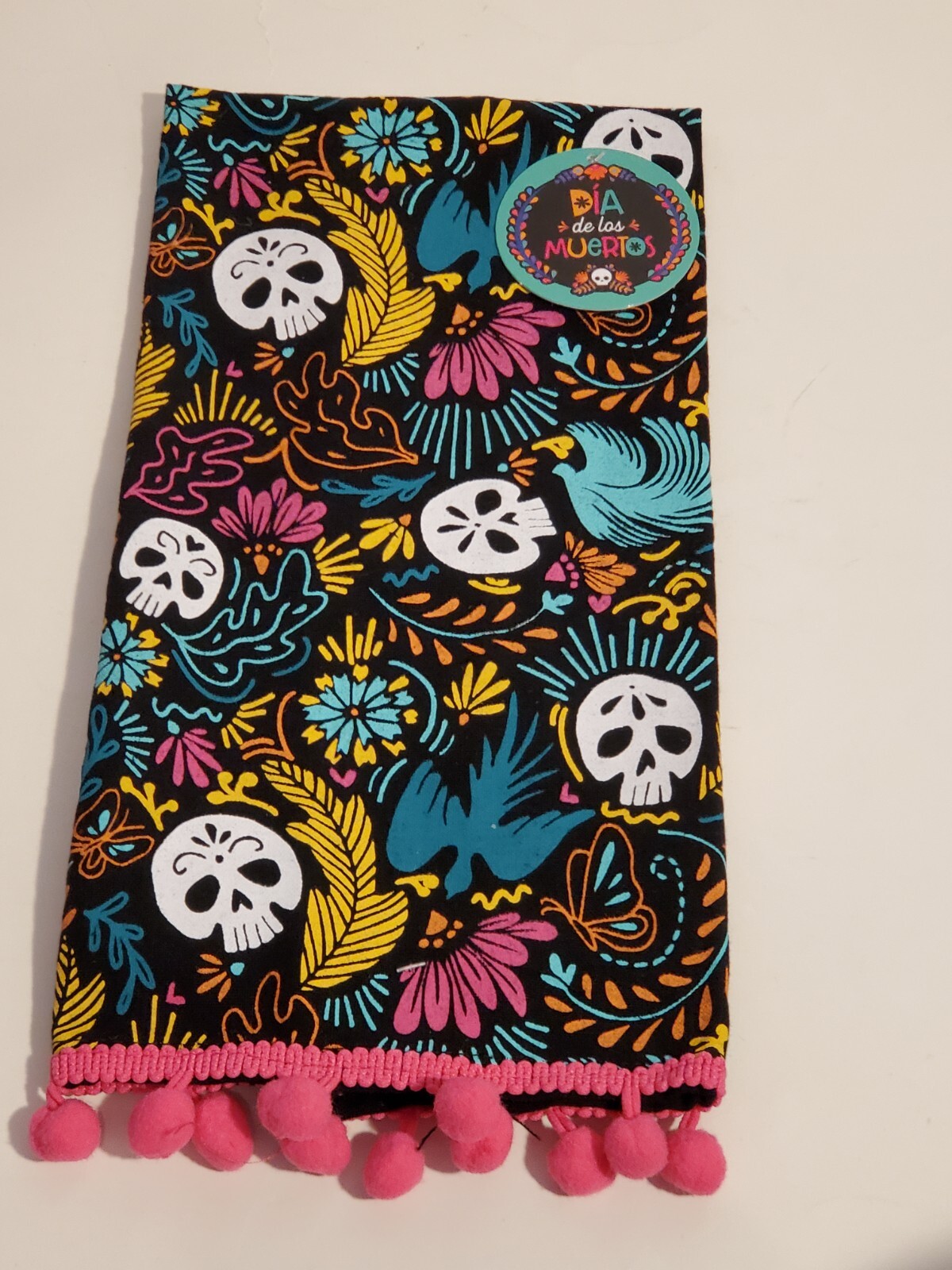 DAY OF THE DEAD SUGAR SKULLS DIA DE LOS MUERTOS POM-POM DECORATIVE HAND TOWEL