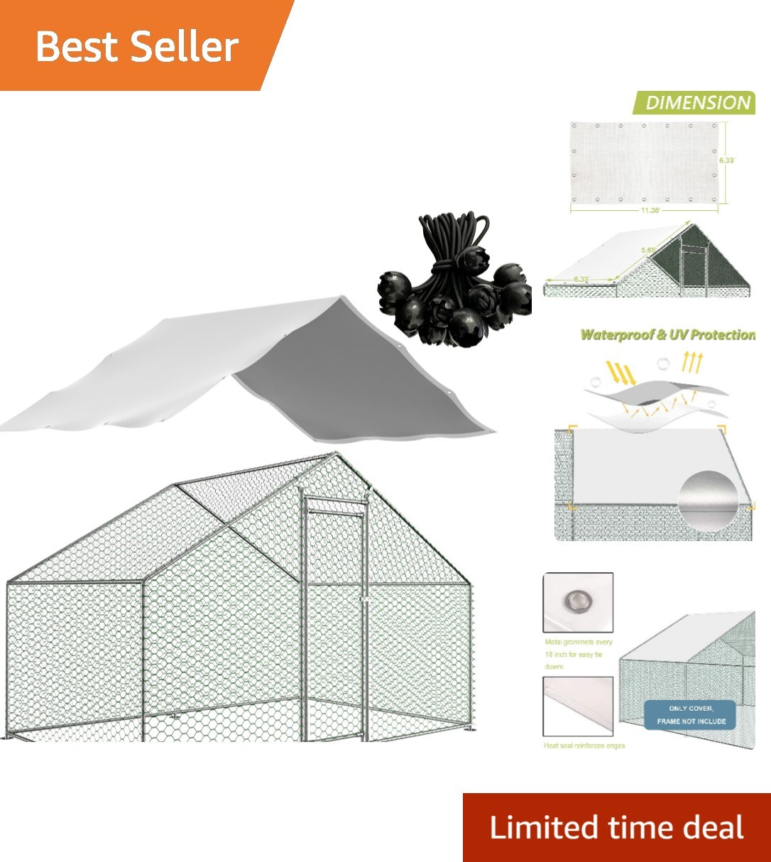Outdoor Metal Chicken Coop Cover with 22 pcs Ball Bungee Cords, for Large Wal...