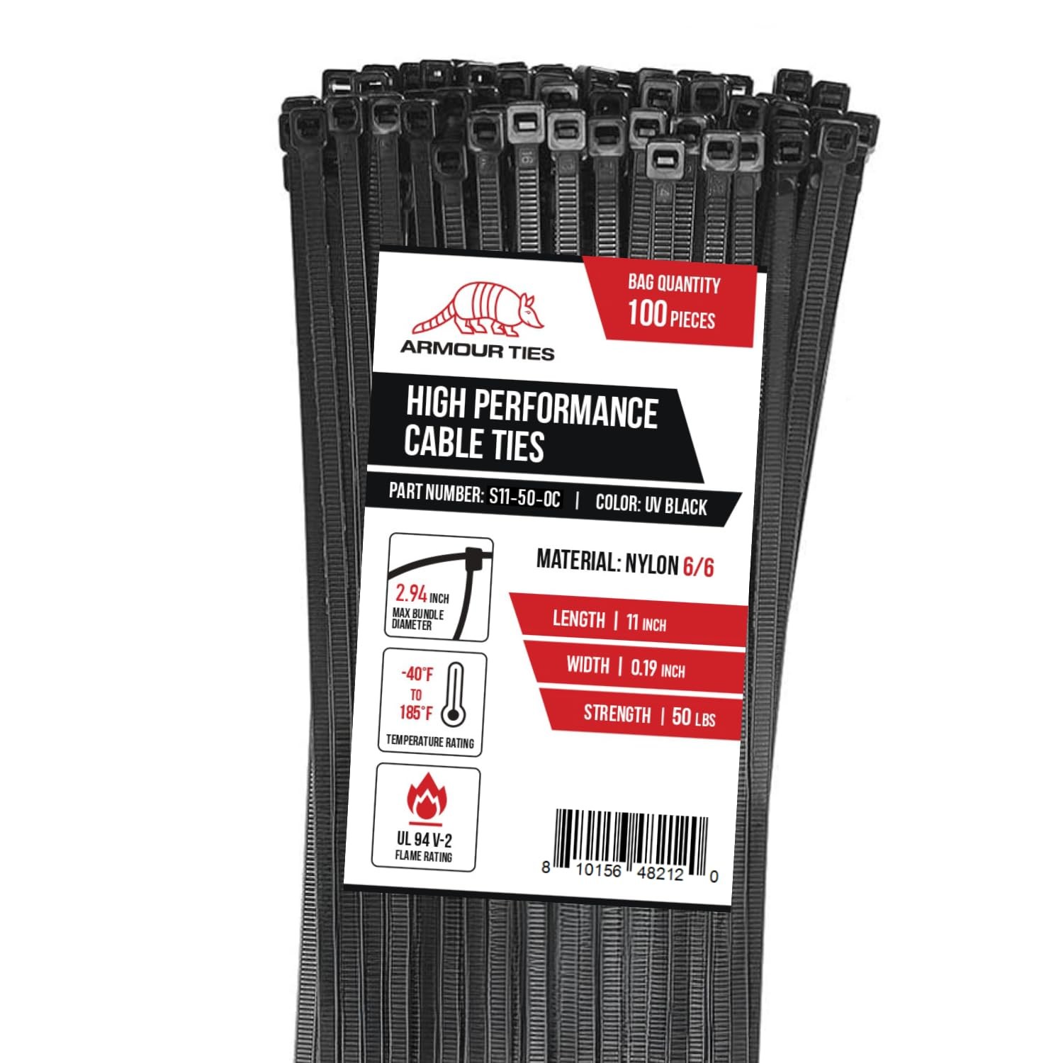11-inch Black Zip Ties Heavy Duty UV Resistant Nylon Cable Ties, 50lb Tensile...