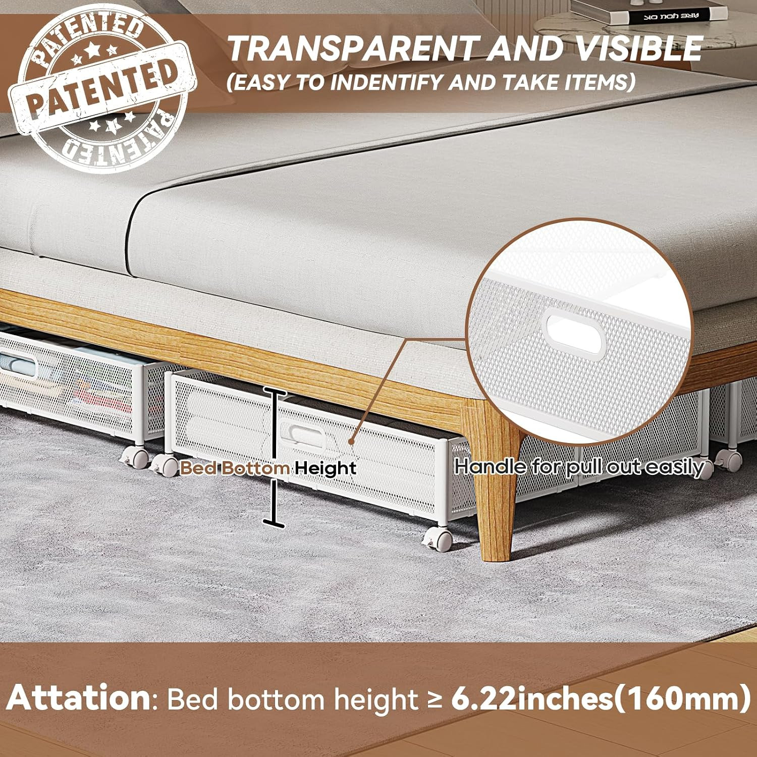Under Bed Storage with Wheels & Handle,Metal,Large,4 Pack,White | Tool-Free Asse