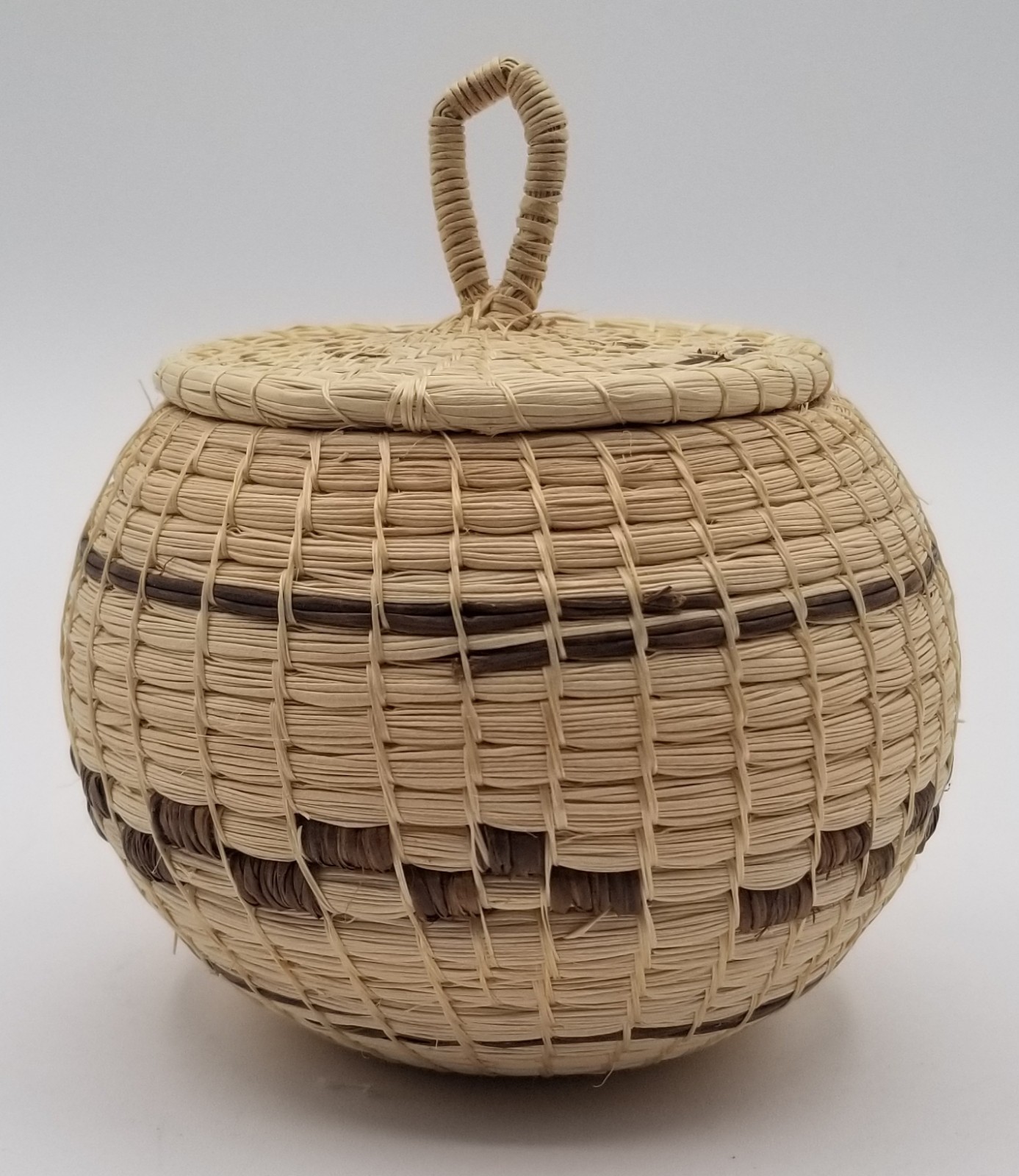 Natural Hand Woven Tight Lidded Round Squat Trinket Basket Boho