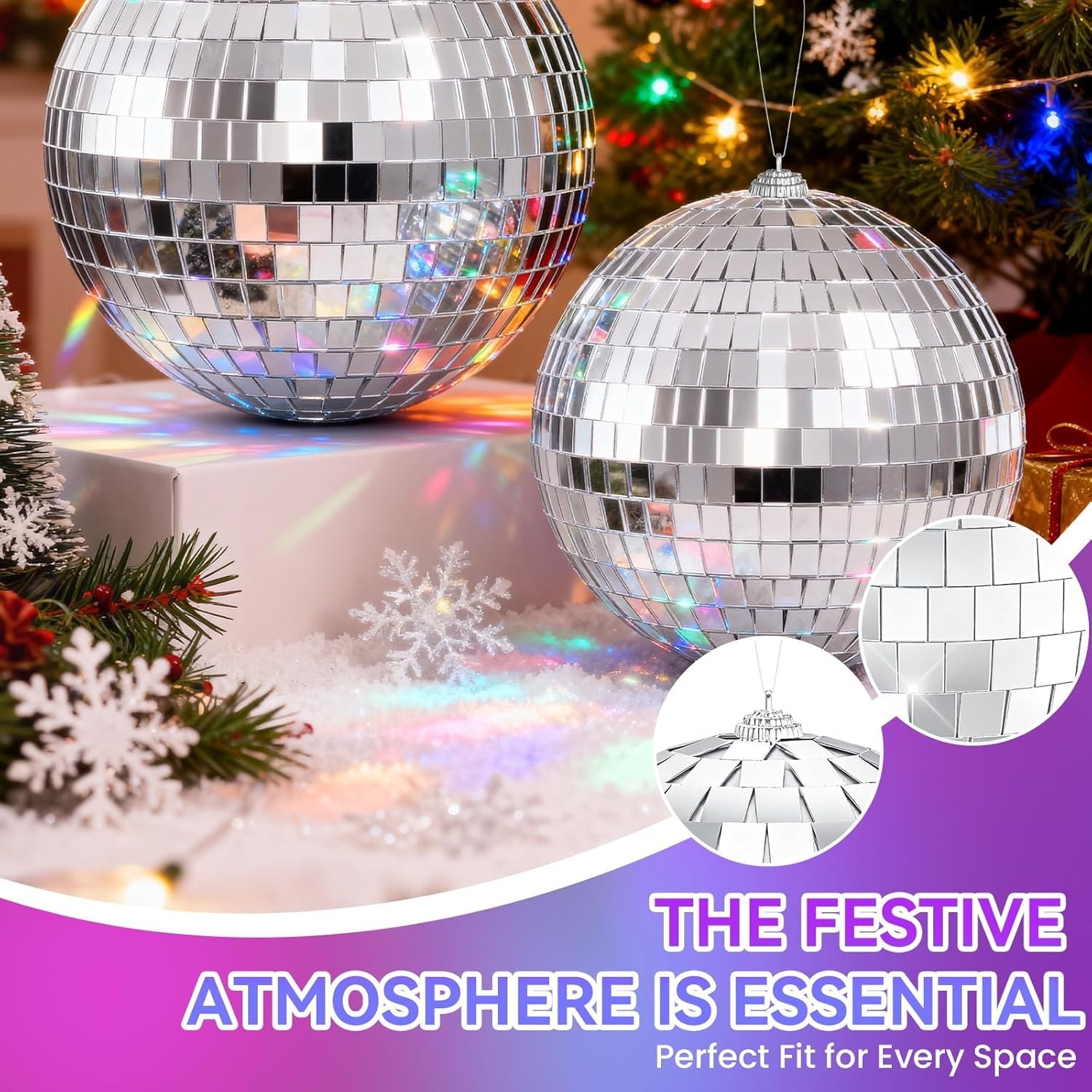 Disco Ball 4" Inch 2-Pack,Silver Hanging Ball with Attached String for Ring,R...