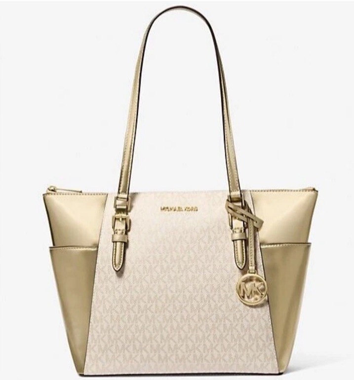 MICHAEL KORS CHARLOTTE LARGE TOP ZIP SHOULDER TOTE BAG MK PALE GOLD