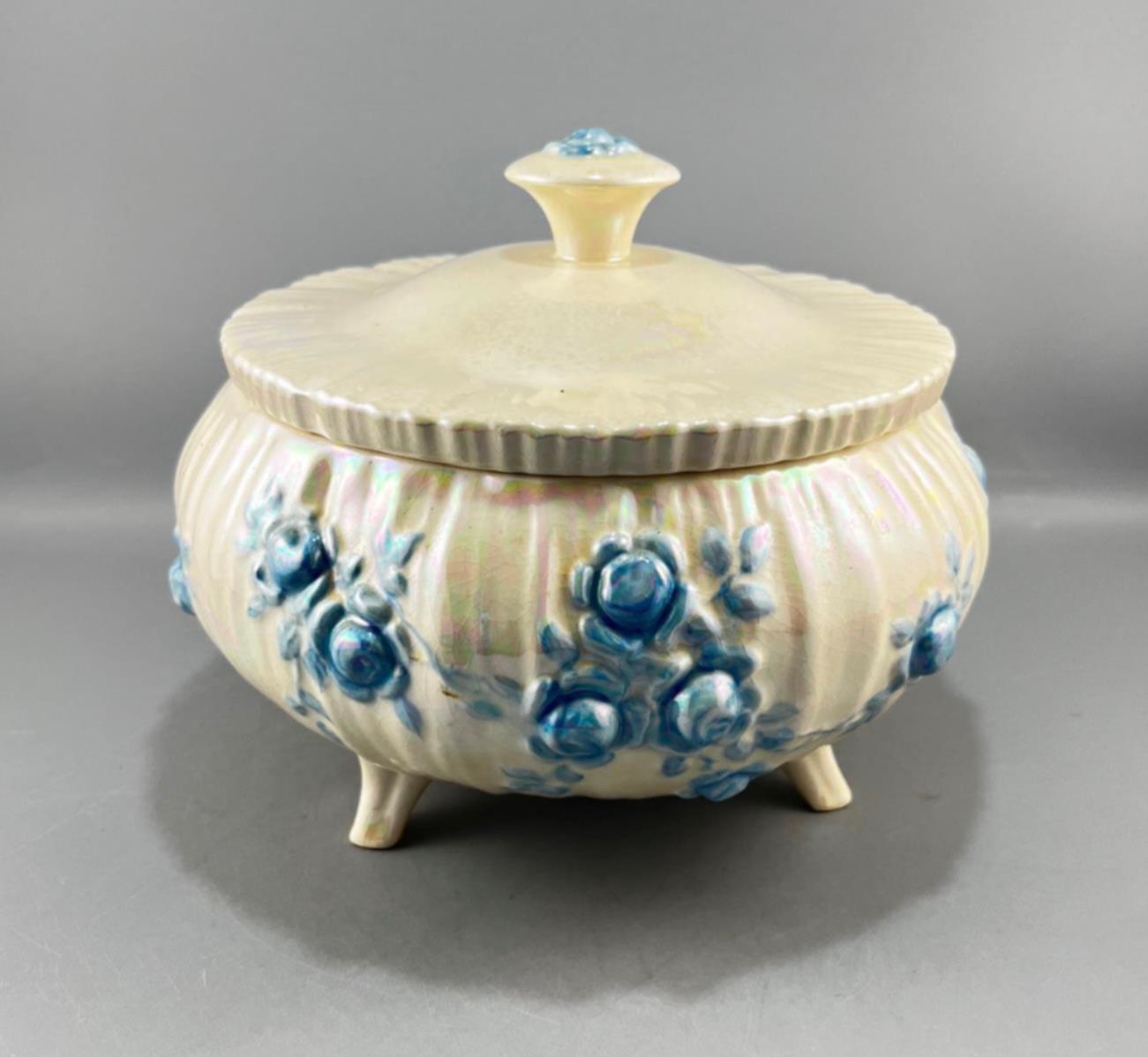 Vintage Ceramic Hand Painted Blue Roses Floral Footed Candy Dish Bowl 6.5"