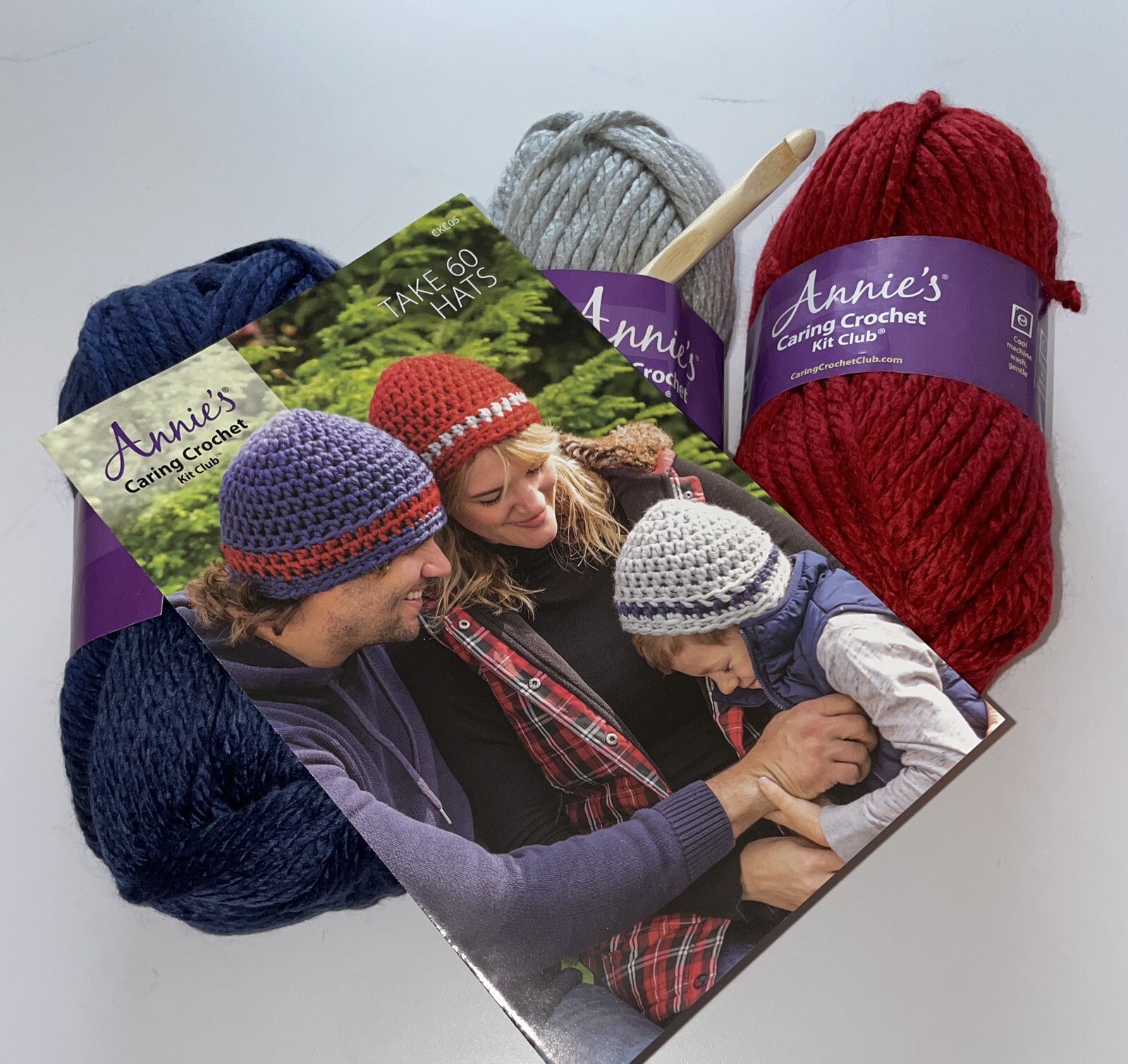 Annies Caring Crochet Kit Club *Take 60 Hats* Red Gray Navy Yarn Acrylic