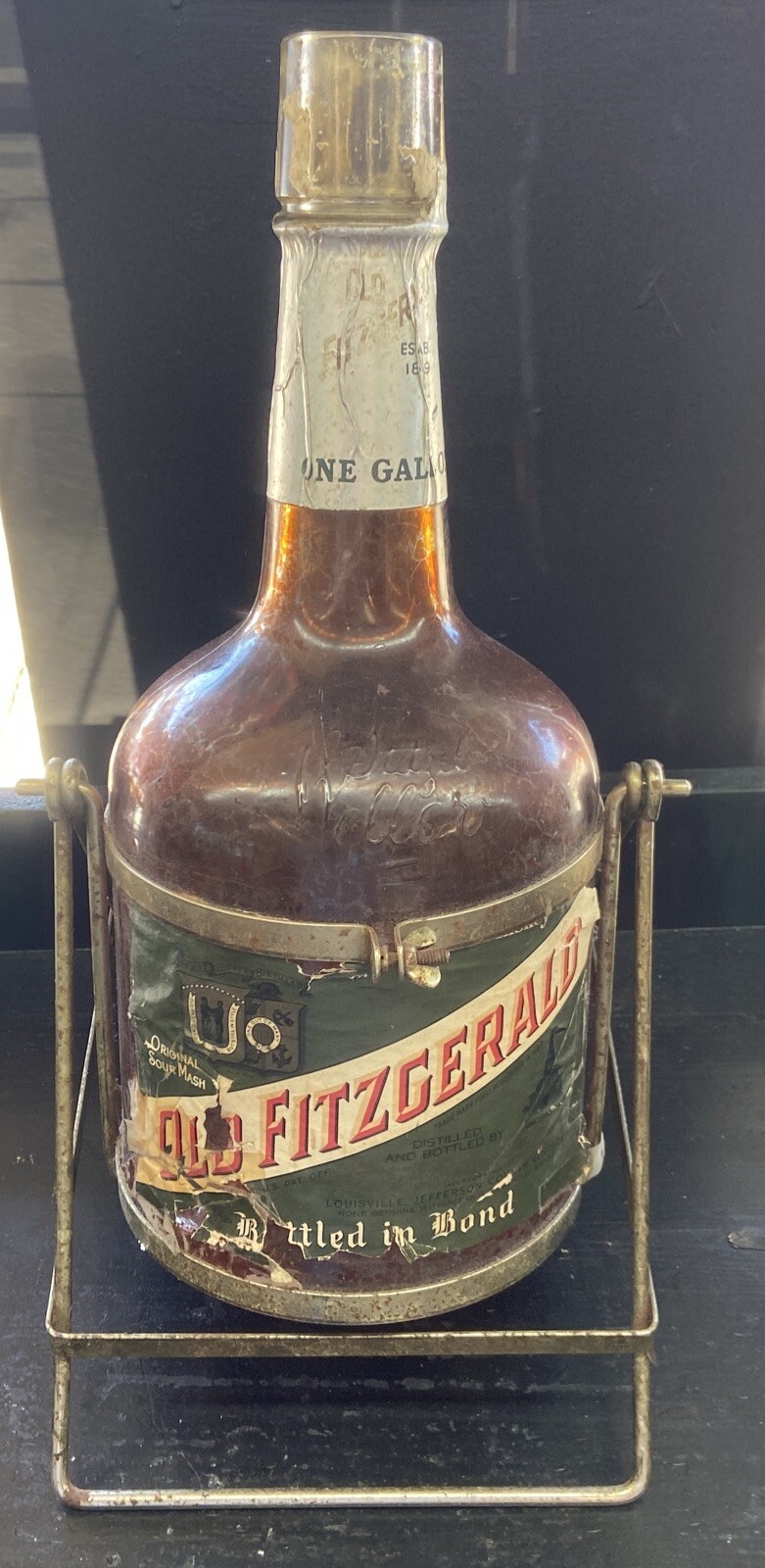 Old Fitzgerald One Gallon Bottle Stitzel Weller W/ Metal Cradle Stand