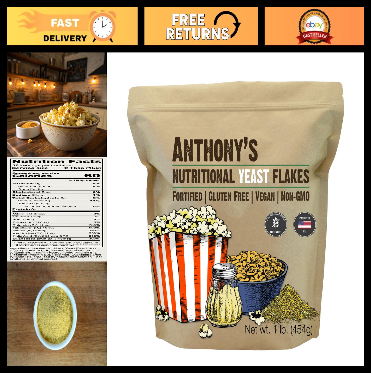 Nutritional Yeast Flakes 1 lb - Fortified, Gluten Free, Non-GMO, Vegan Superfood