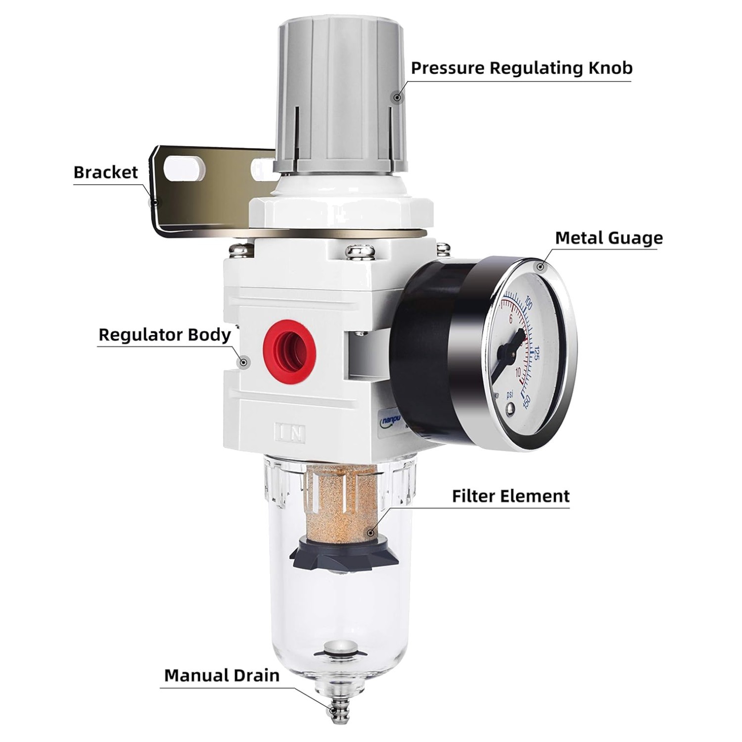 1/4" NPT Air Regulator with Poly Bowl, 5 Micron Brass Filter