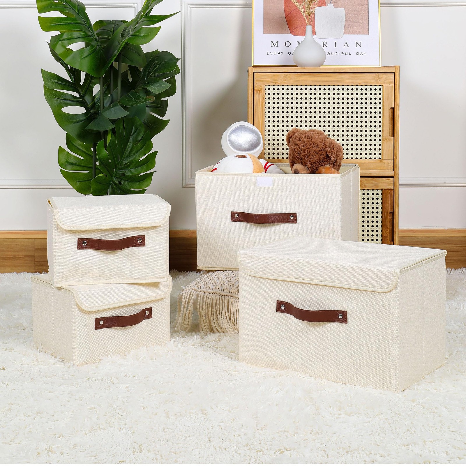 Foldable Storage Bin with Lid, PU Leather Handles, Beige, Large