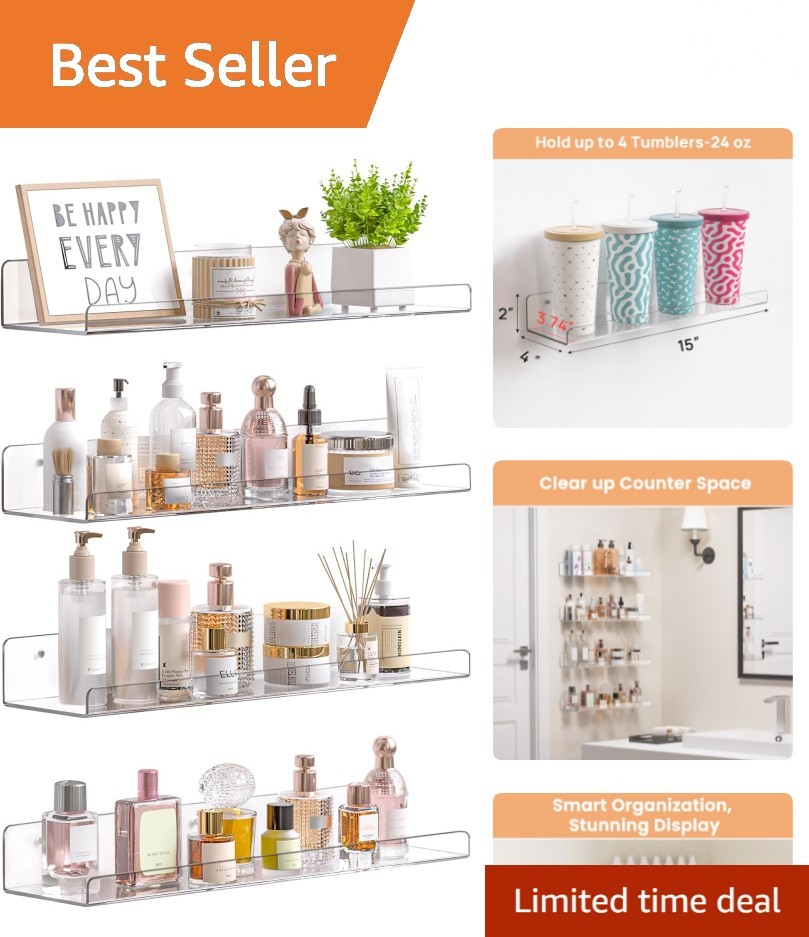 Set of 4 Clear Acrylic Floating Shelves - Stylish Storage Solution for Any Room