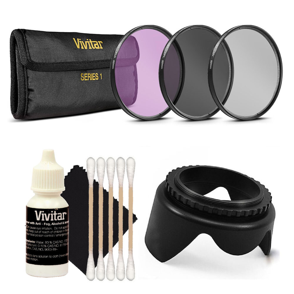Vivitar 52mm Professional UV CPL FLD FilterKit + Tulip Lens Hood for 52mm Lenses