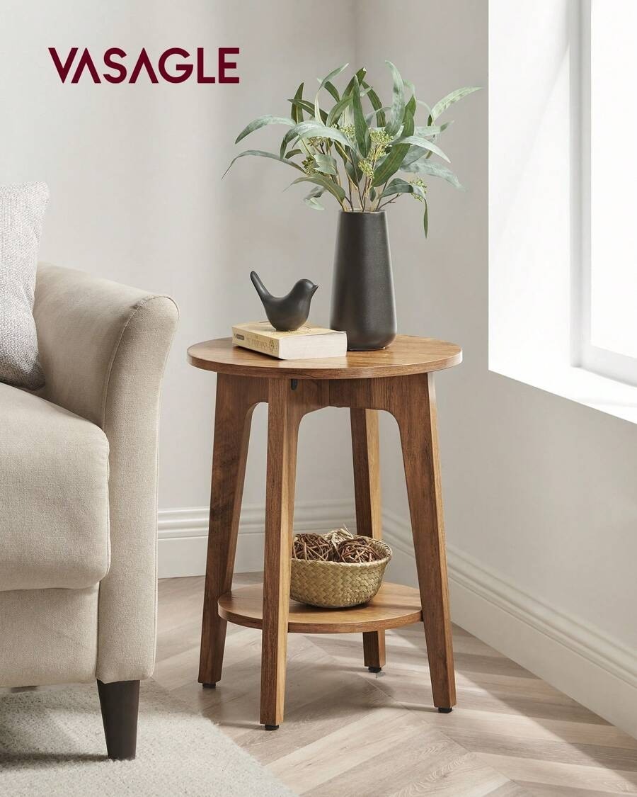 VASAGLE Brown Round End Table 2-Tier Side Table Nightstand for Small Spaces
