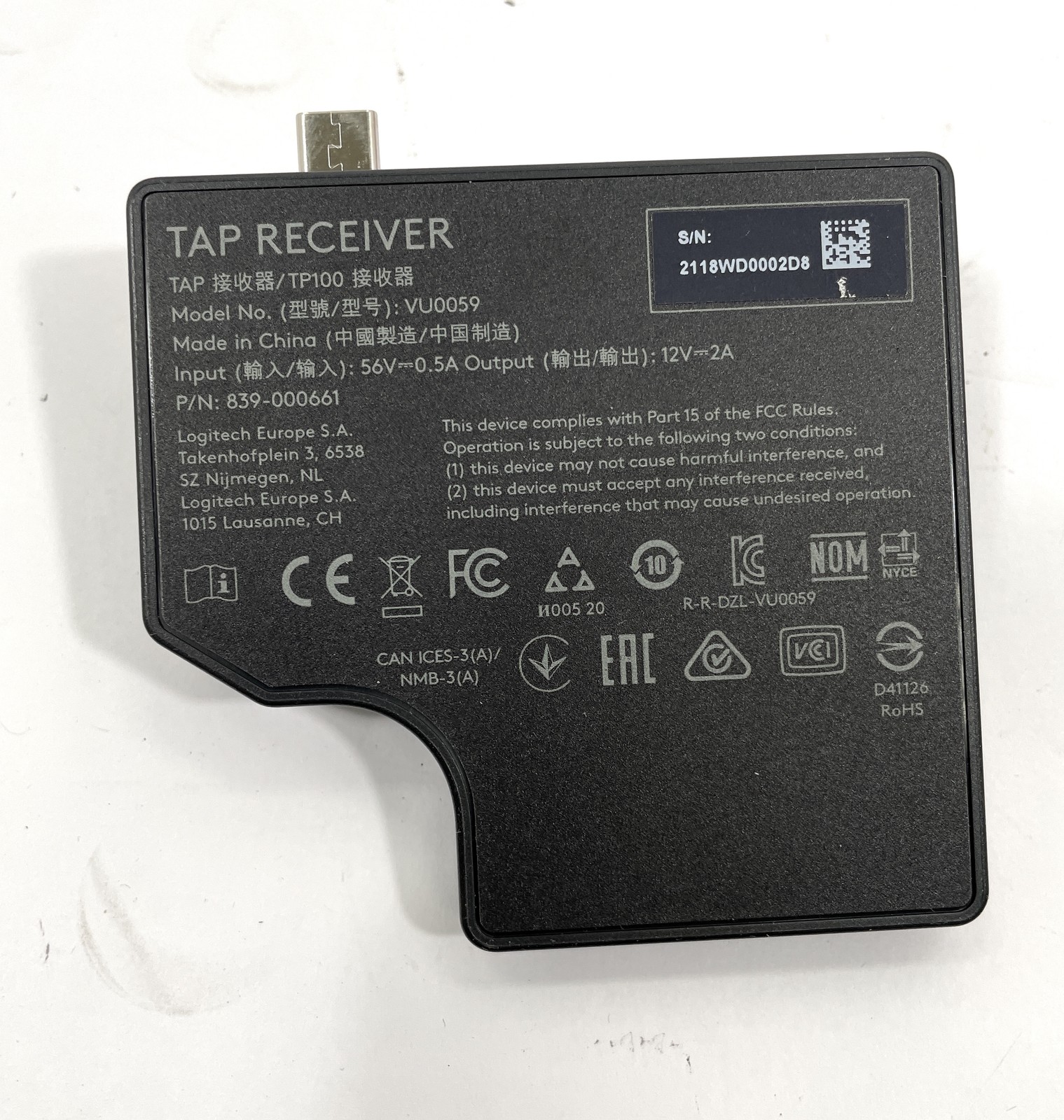 Logitech Tap Receiver TP100 VU0059 839-000661 For Tap Controller