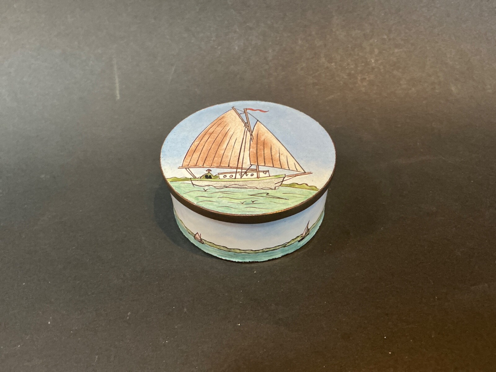 Vintage Trinket Box     -  Hand Painted Sailboat Trinket Box