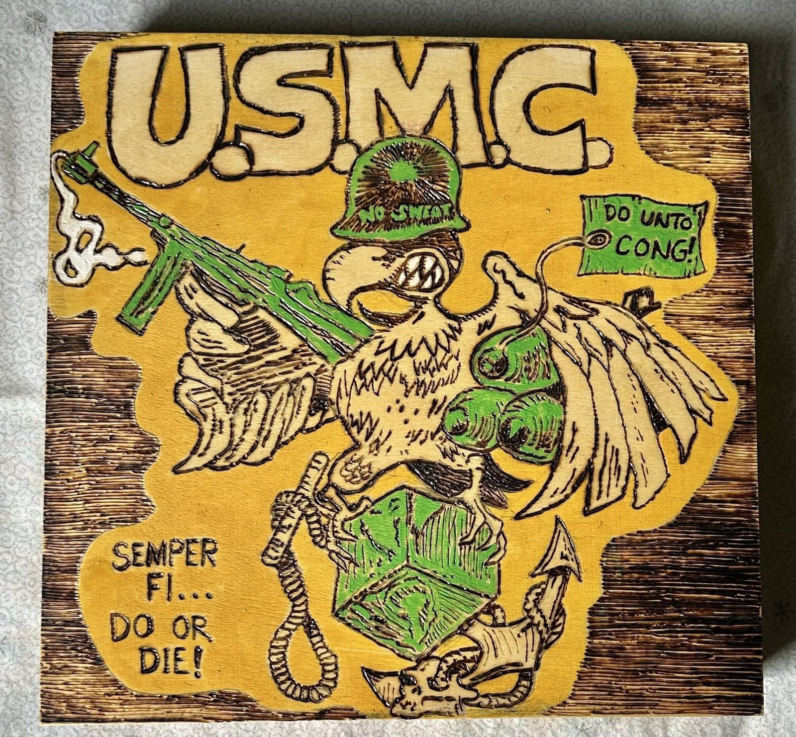 Vietnam War Trench Art Cigar Box Ed Roth US Marine Cartoon Front Back Inside 8x8