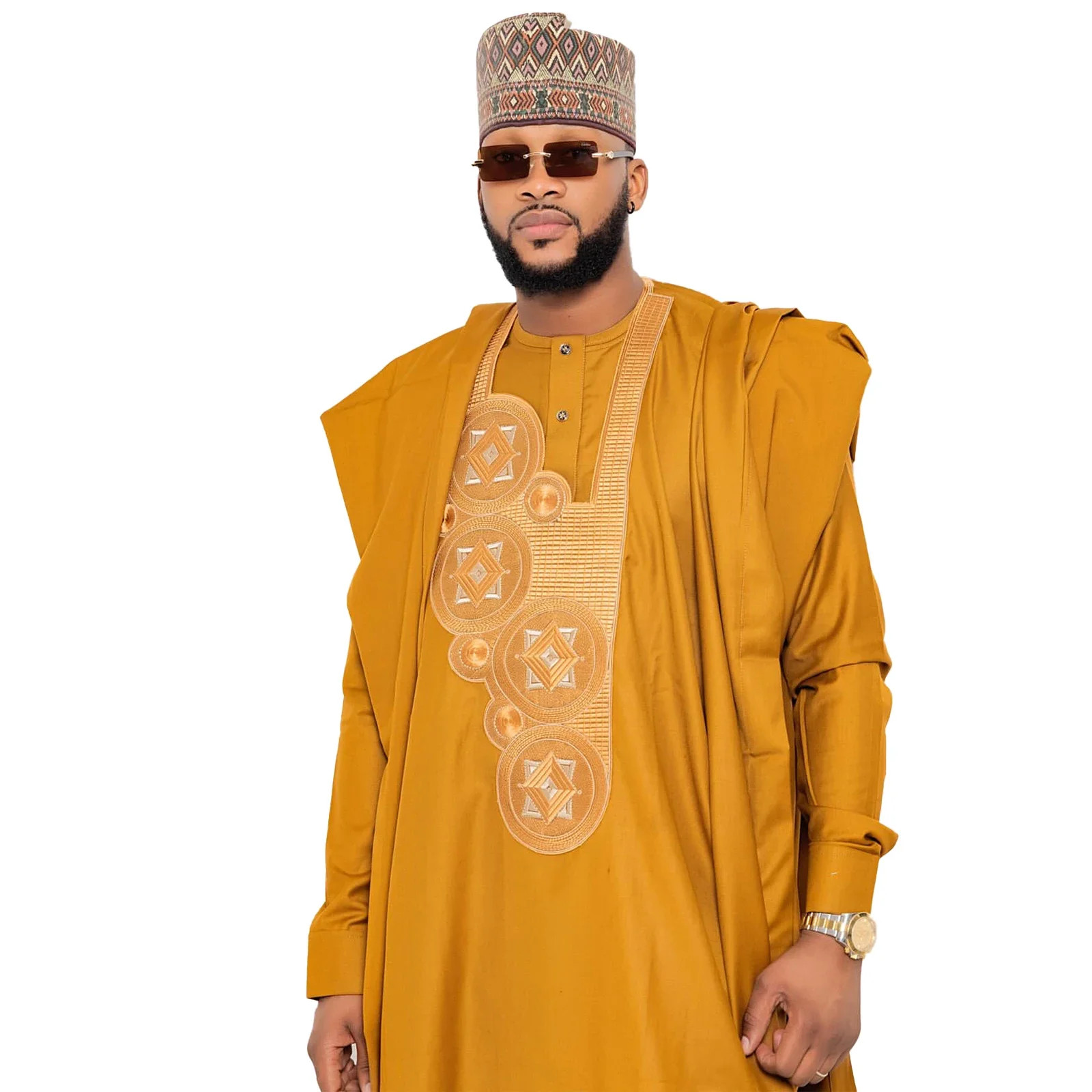 African Clothing Men Traditional Embroidery Top Long Sleeve 3 Piece Set