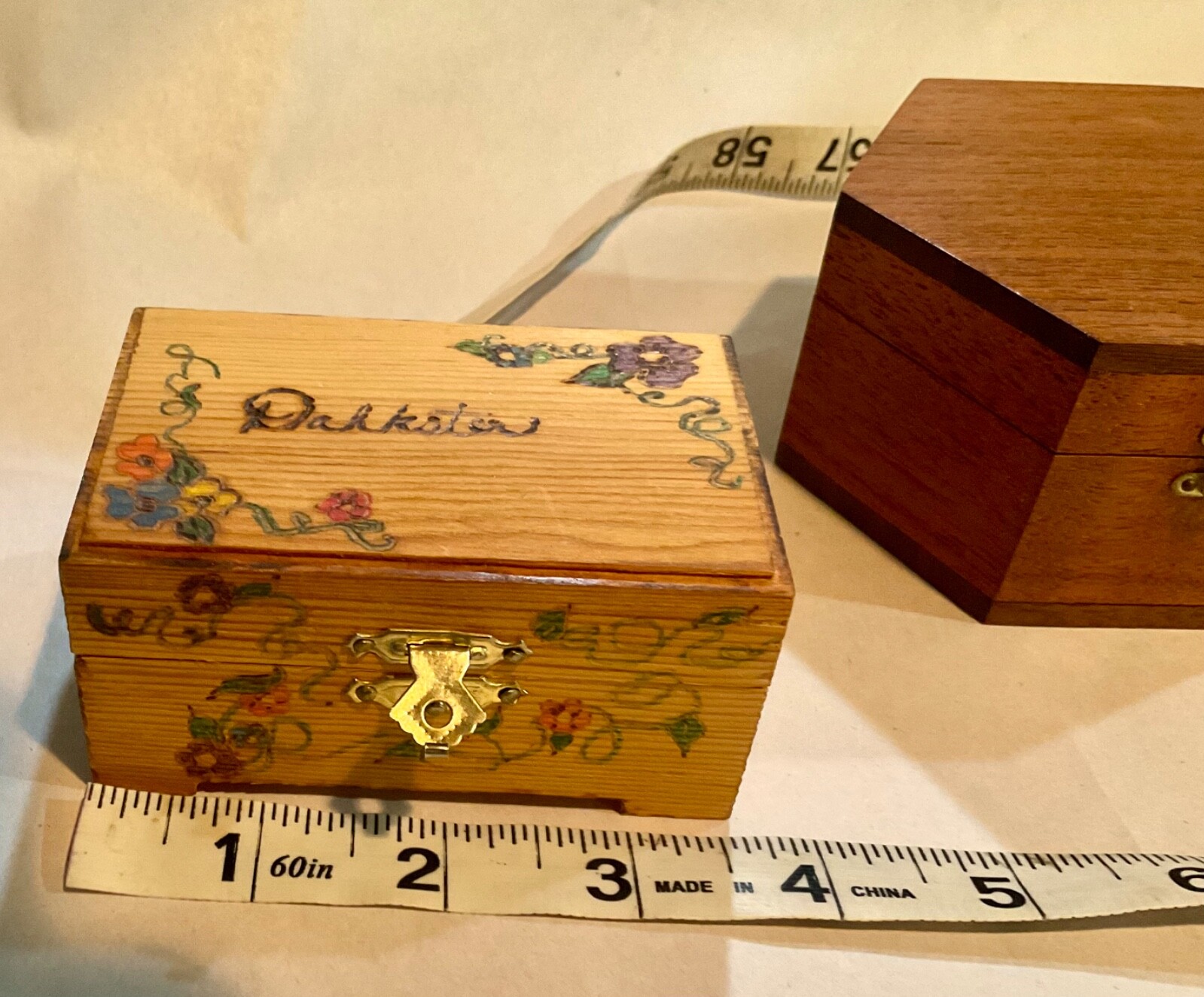 2 small, wood, hinged trinket boxes , 1 hand painted