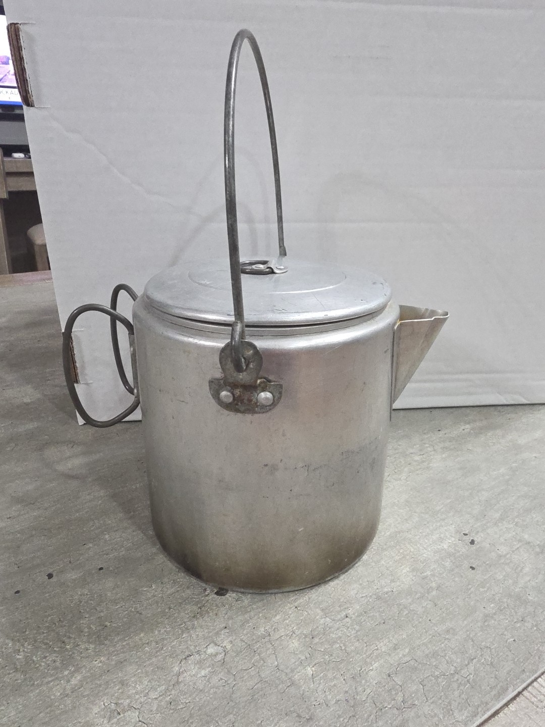 Vintage Camping Coffee Pot Aluminum With Double Ring Handle Lid And Hanging Hoop