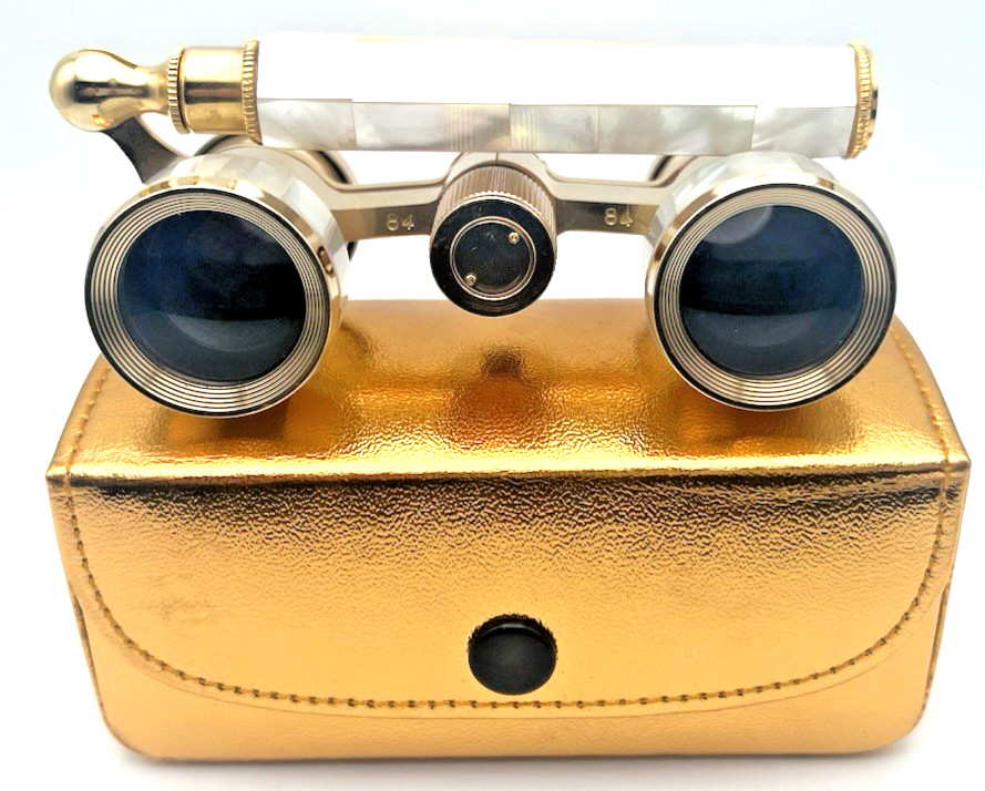 Vintage Carton 2.5x Mother Of Pearl Opera Theatre Binoculars W/Case Brass Japan