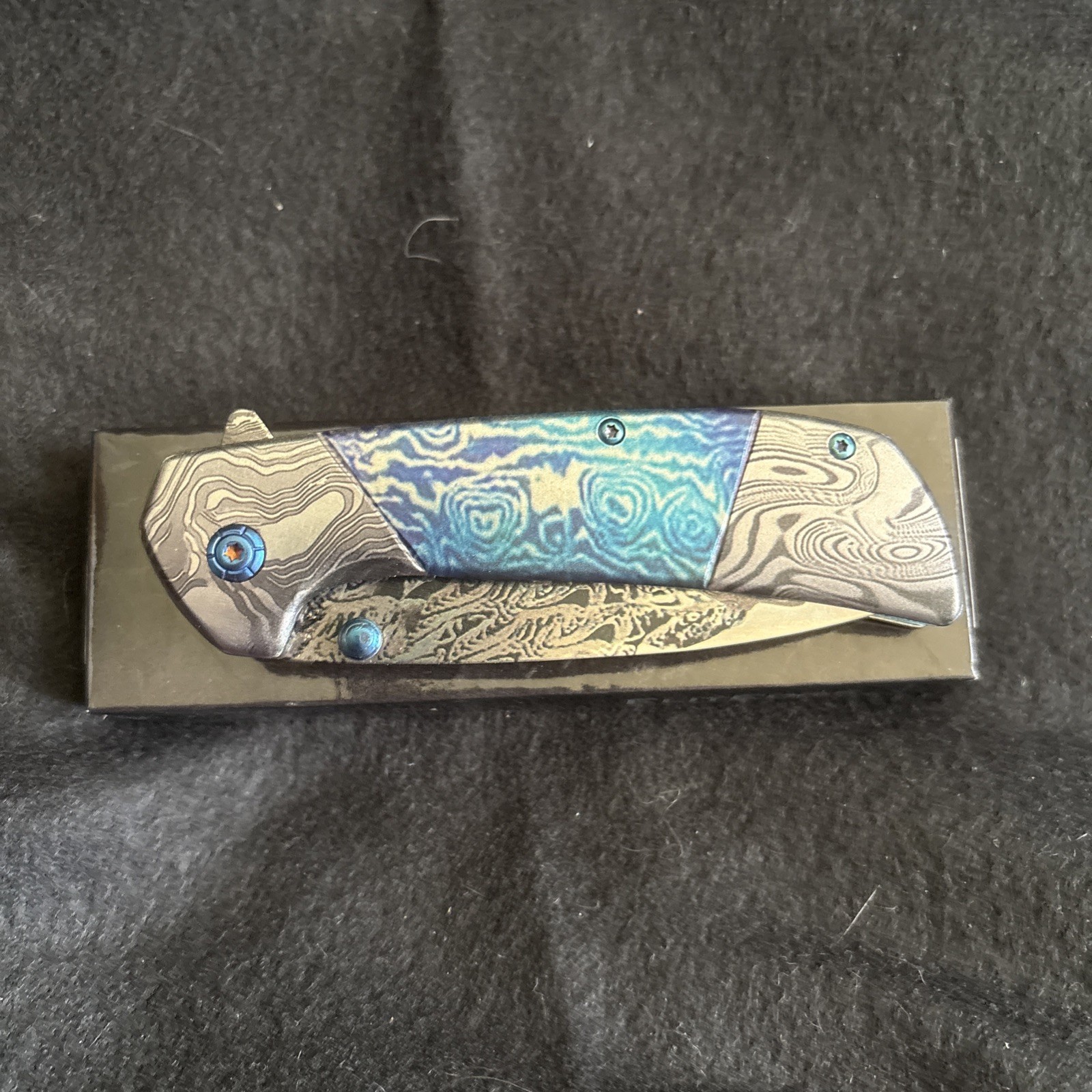 ElitEdge Damascus Blade Blue Stainless Handle A/O Folding Knife - 10-A54BLD