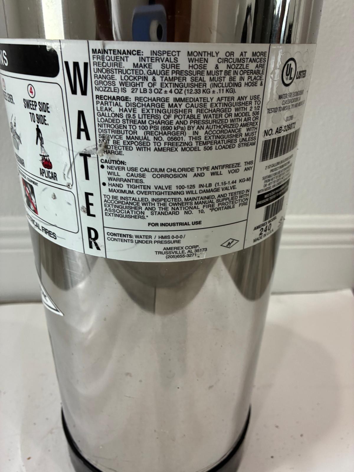 Amerex 240 2.5 Gallon FOAM Refillable Fire Extinguisher Class 2-A.