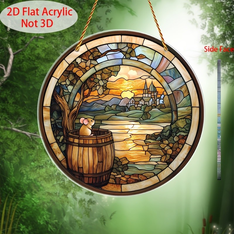 Mouse in Barrel Landscape Acrylic Suncatcher Fairy Tale Window Hanging Decor