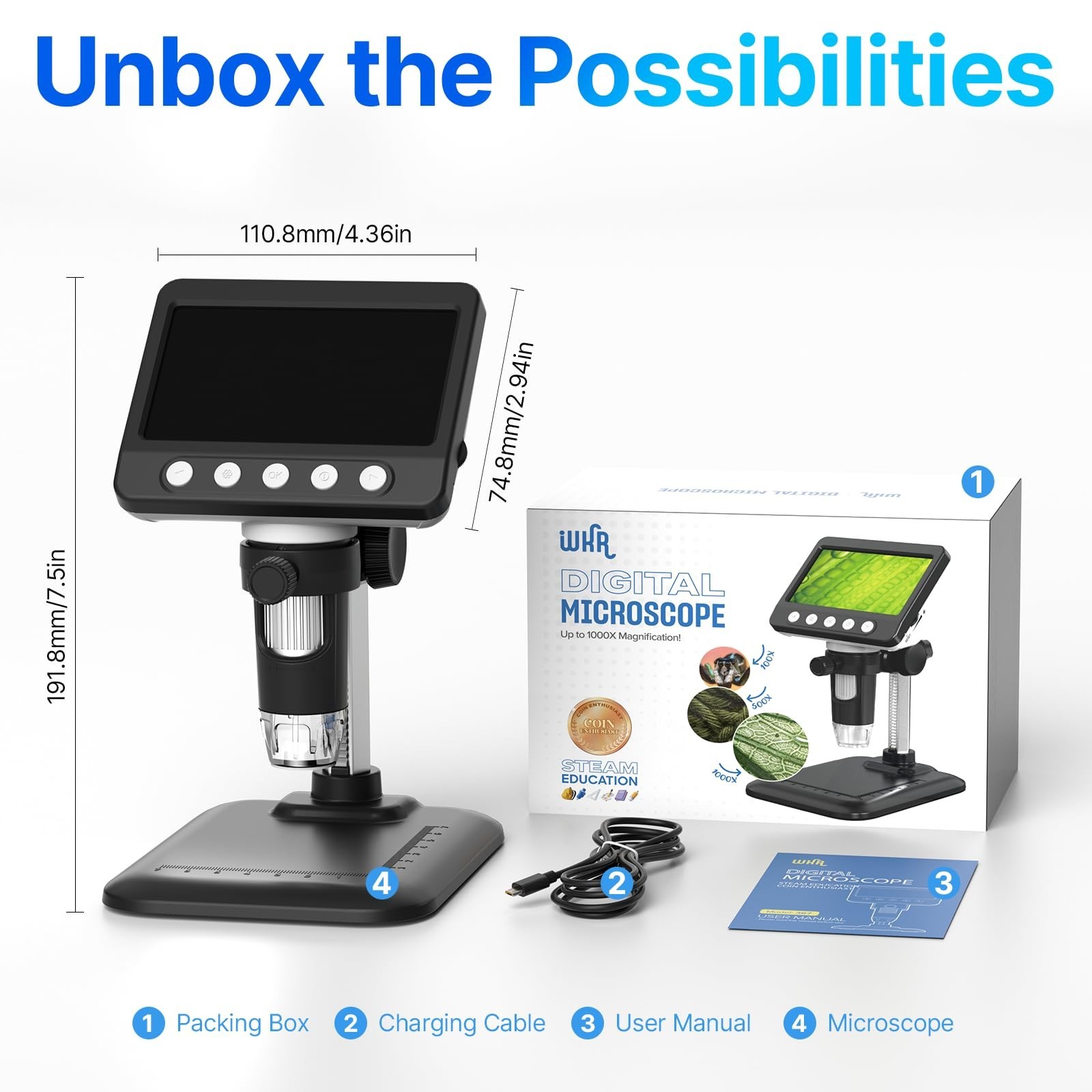 Digital Microscope, 4.3" LCD USB Coin Microscope, 1000X 1080P Error Coin Magn...