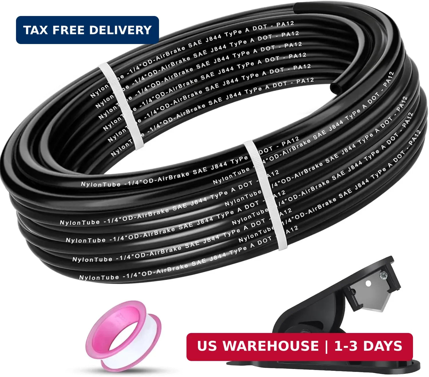1/4" OD x 50FT DOT Air Line Tubing Kit Black SAE J844 PA12 Nylon Air Brake Hose