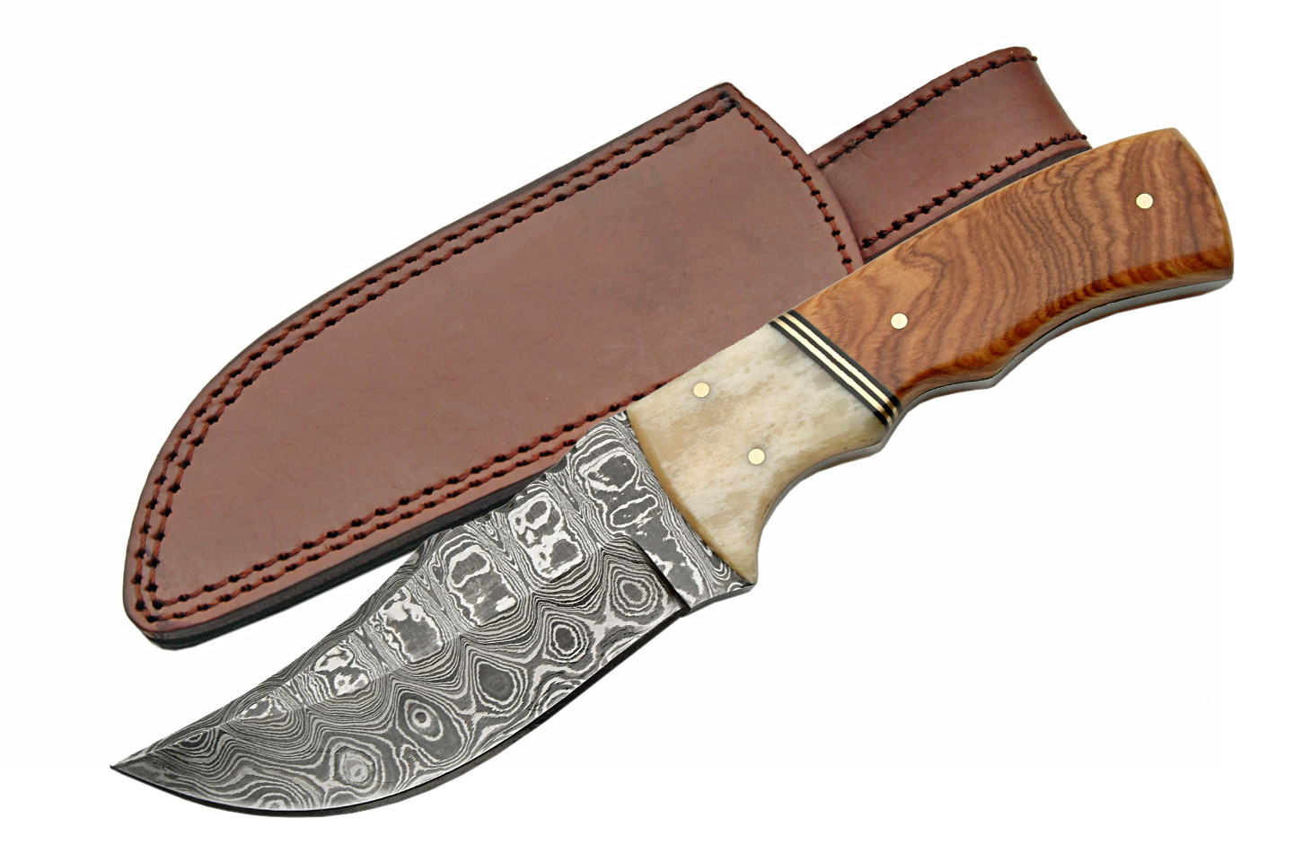 Damascus Steel Hunting Knife 8" Wood and Bone Handle Full Tang Skinner + Sheath