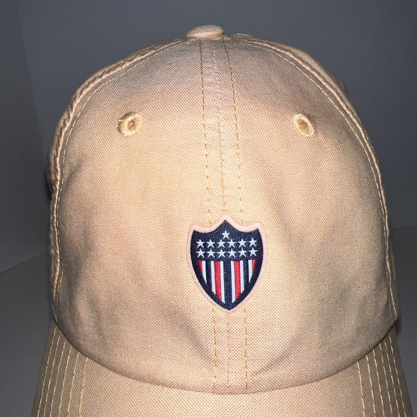 Stars and Stripes RWB Patch on Peach Linen Like Hat Cap American Needle BrandEUC