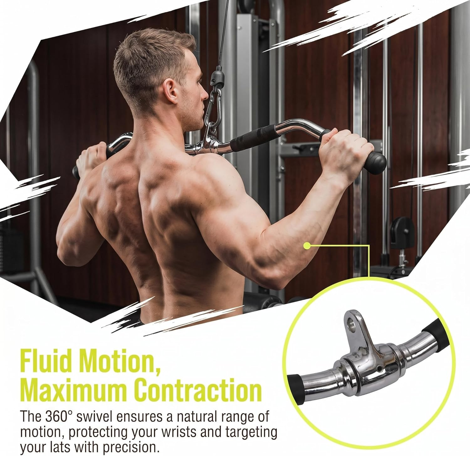 Lat Bar Cable Machine Attachment, Curl Pulldown Bar with Full Rotation and Rubbe