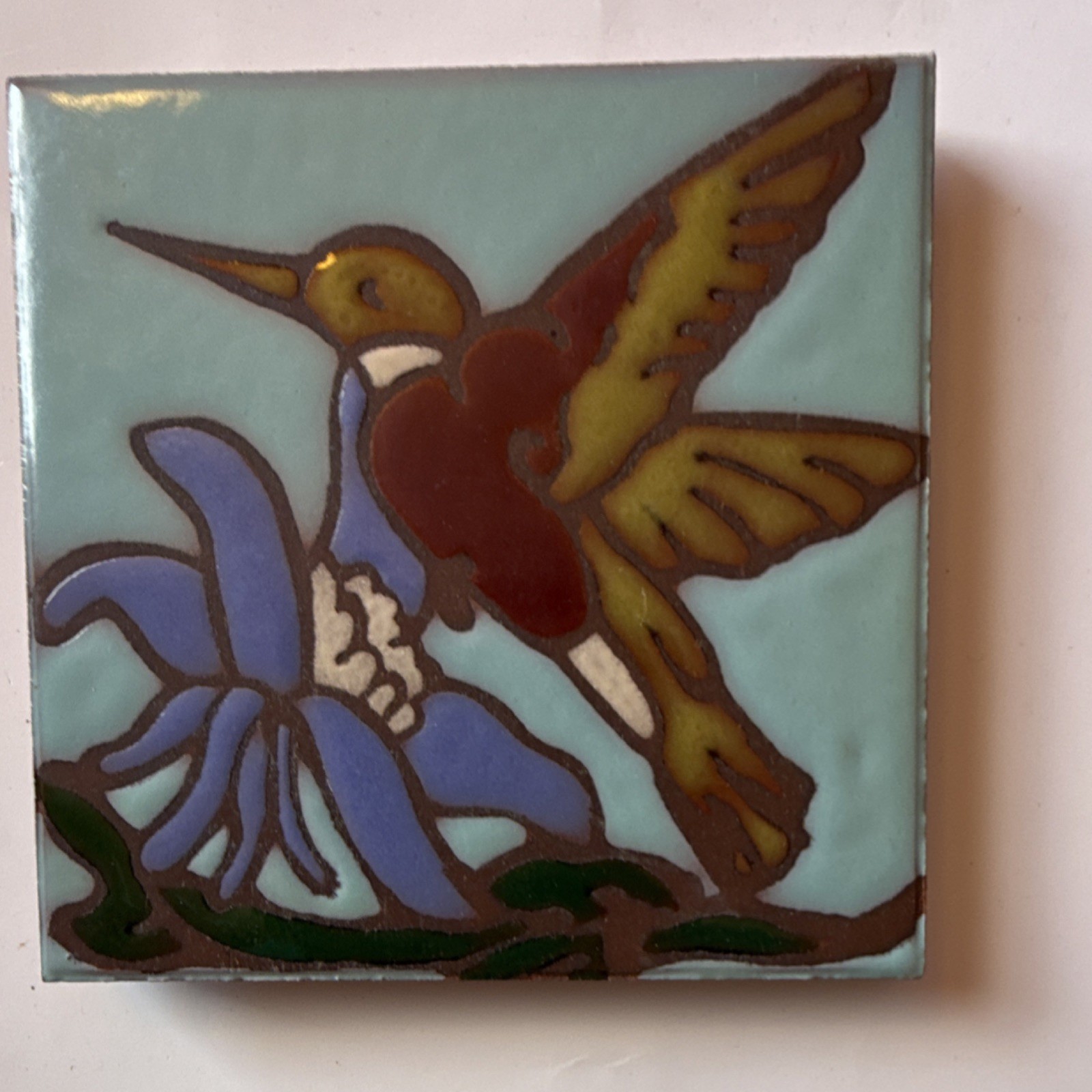 Mag Mor Art Tiles Hand Painted Ceramic Glazed Tile 4" Square Hummingbird Flower