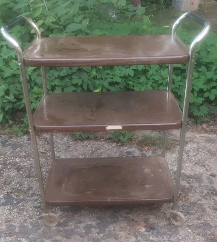 Vintage MCM Metal 3 Tier Cosco Metal Rolling Kitchen Cart Brown W/ Wheels