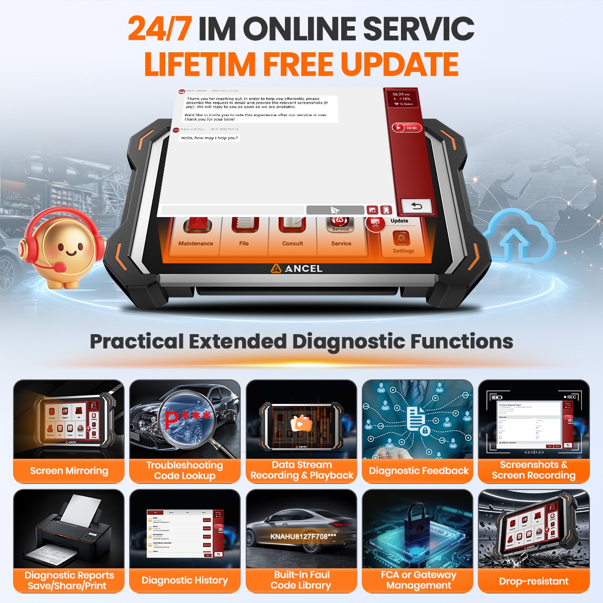 ANCEL DS600BT Car Diagnostic Tool Bidirectional OBD2 Scanner ECU Coding IMMO ABS