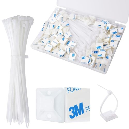 Strong Back-Glue Self Adhesive Cable Zip Tie Mounts Kit - Cable 50 Set White