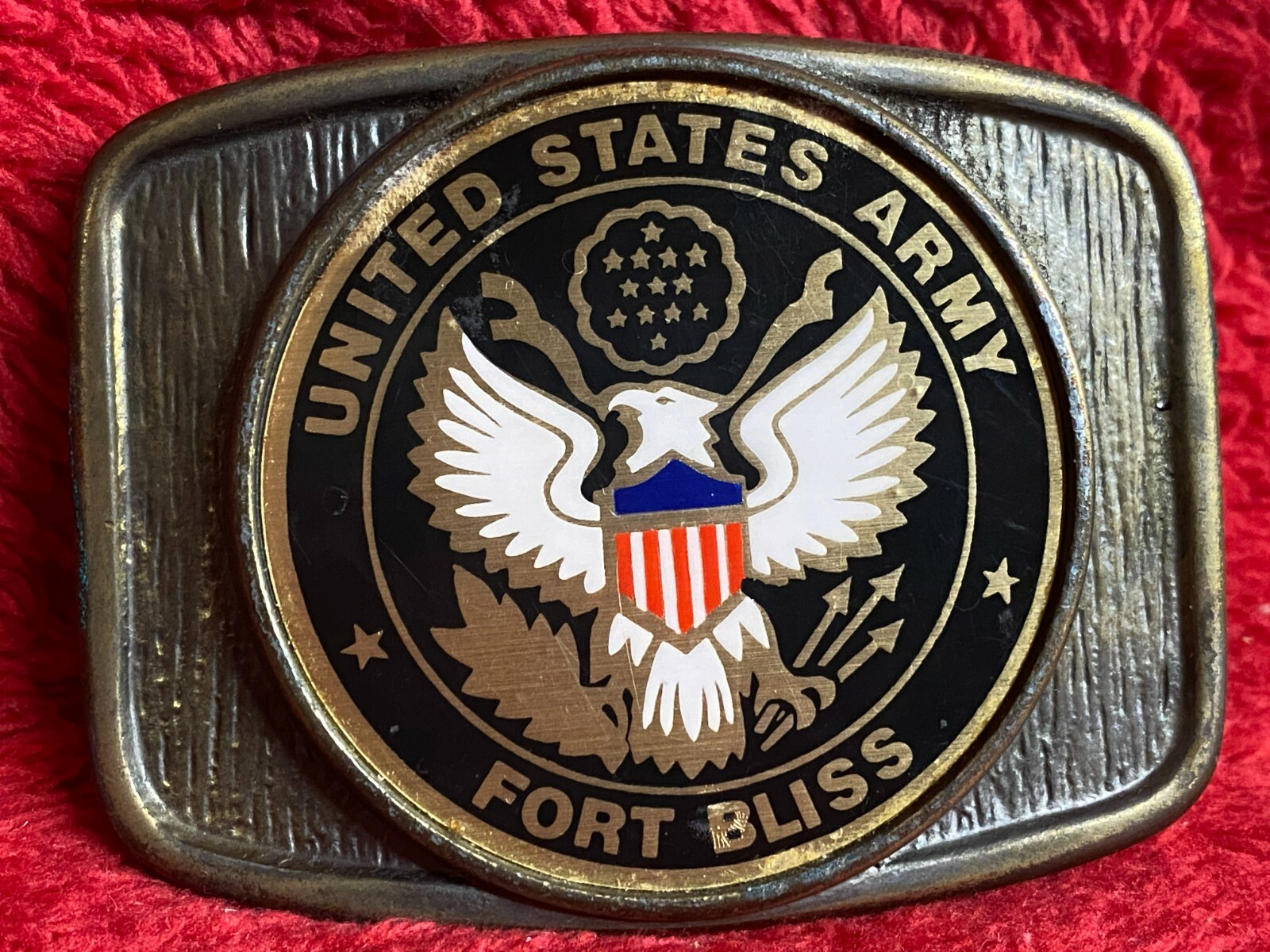 Vtg United State Army Fort Bliss Brass Belt Buckle Features Eagle & Shield