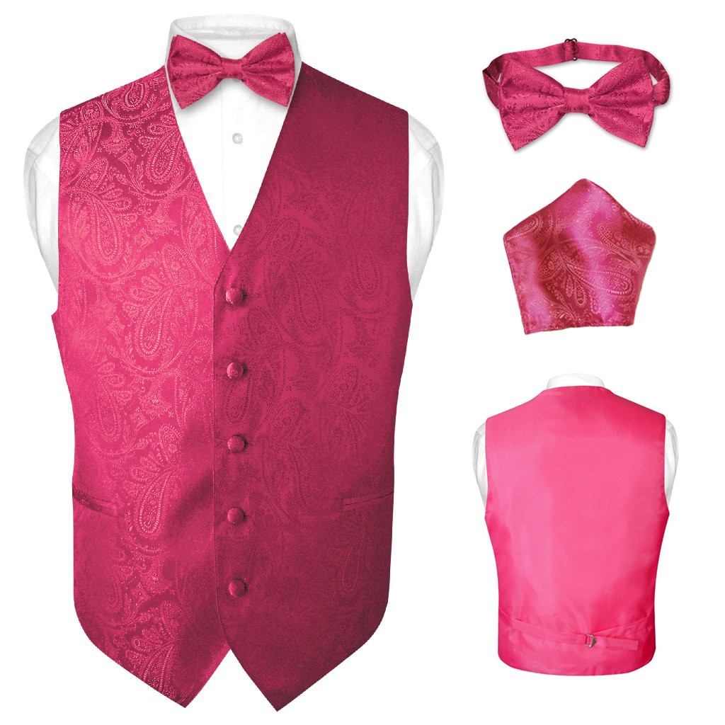 Men's Dress VEST Bow Tie HOT PINK Color PAISLEY Design Suit Tux BowTie Hanky Set