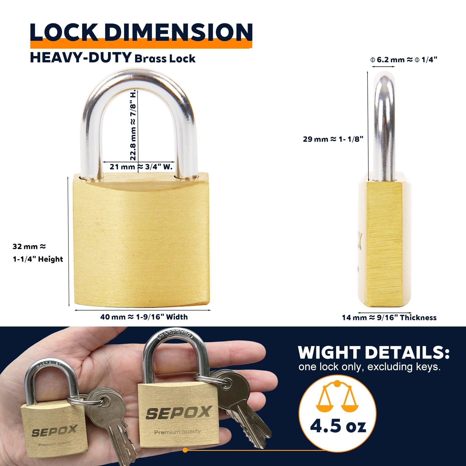 2Pack Premium Solid Brass Padlock Keyed Alike, 19/16" 40mm Heavy Duty Weather...
