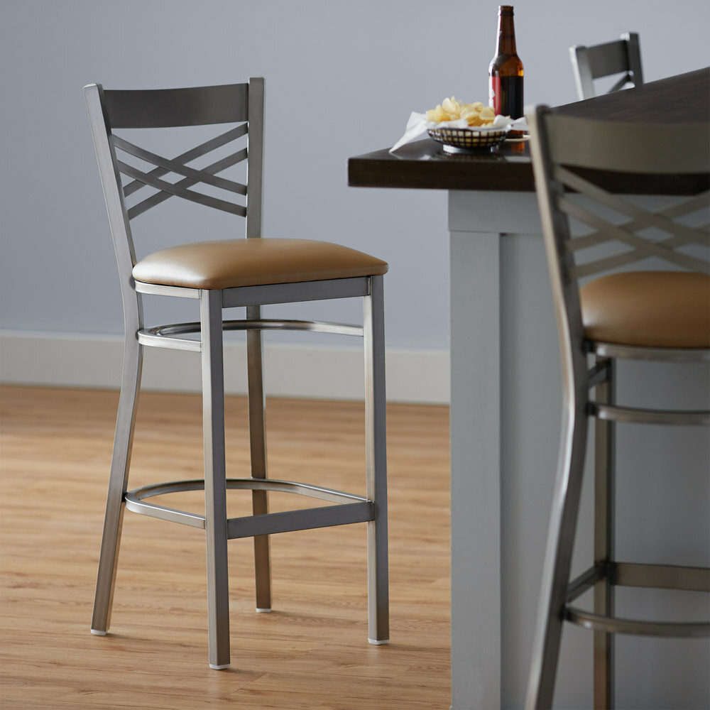 10 PACK Cross Back Clear Coat Metal Restaurant Barstool With Brown Vinyl Seat
