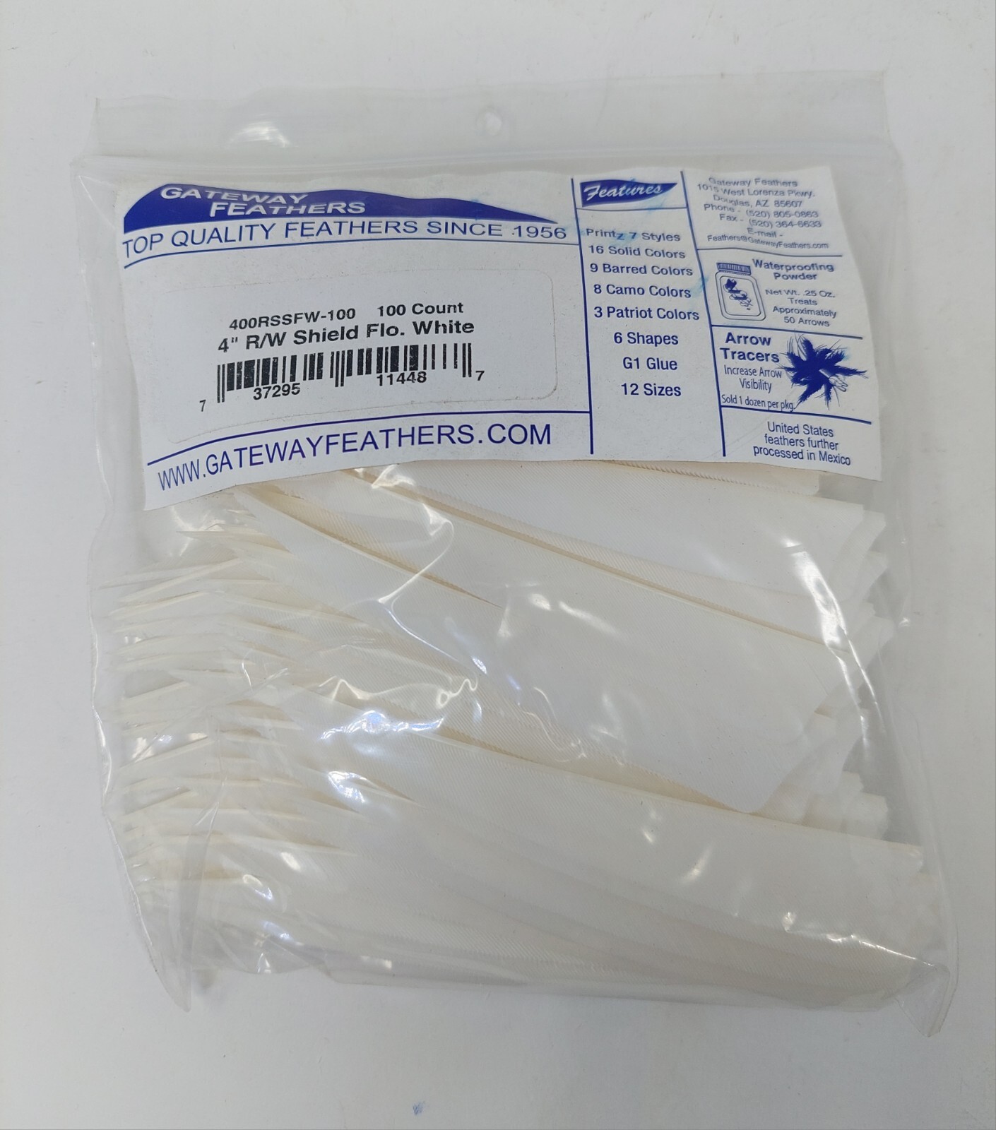 100pk Gateway Feathers 4" Right Wing: Shield Flo. Florescent White 400RSSFW-100