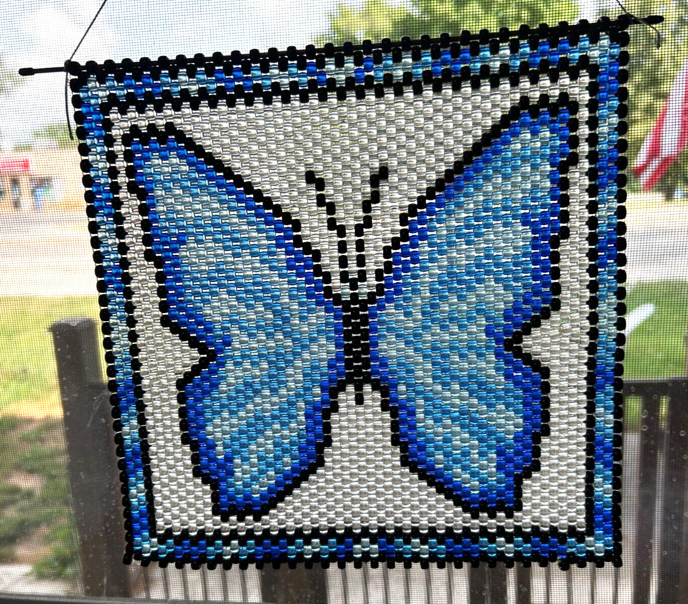 Super Nice Blue Butterfly Beaded Window Wall Hanger, Vintage 10"