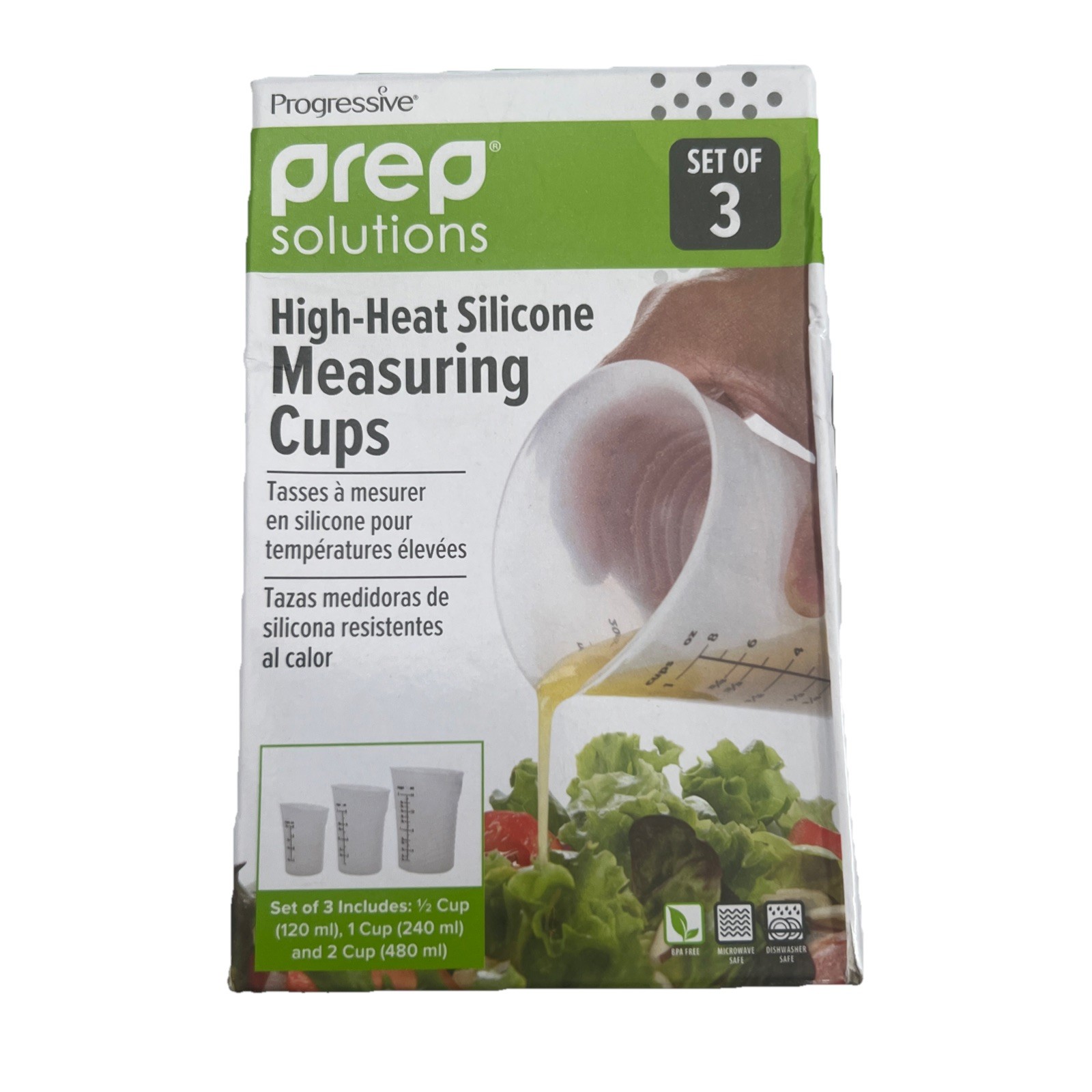A Prep Solutions High Heat Silicone Measuring Cups, Set Of 3, 2 And .5 Cup.  NIB