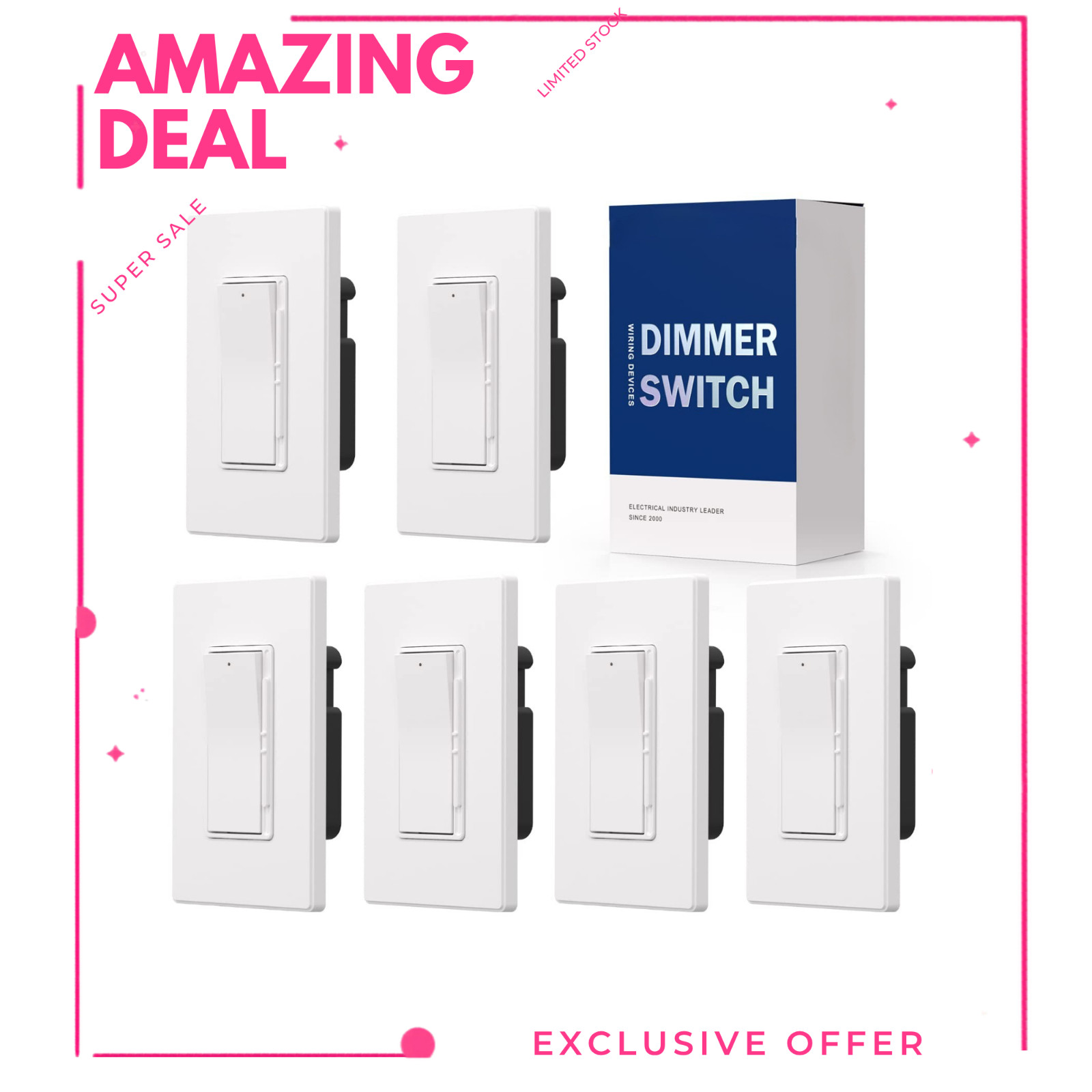 NEW Digital Dimmer Light Switch 300W LED 600W Incandescent 3-Way 6 Pack White