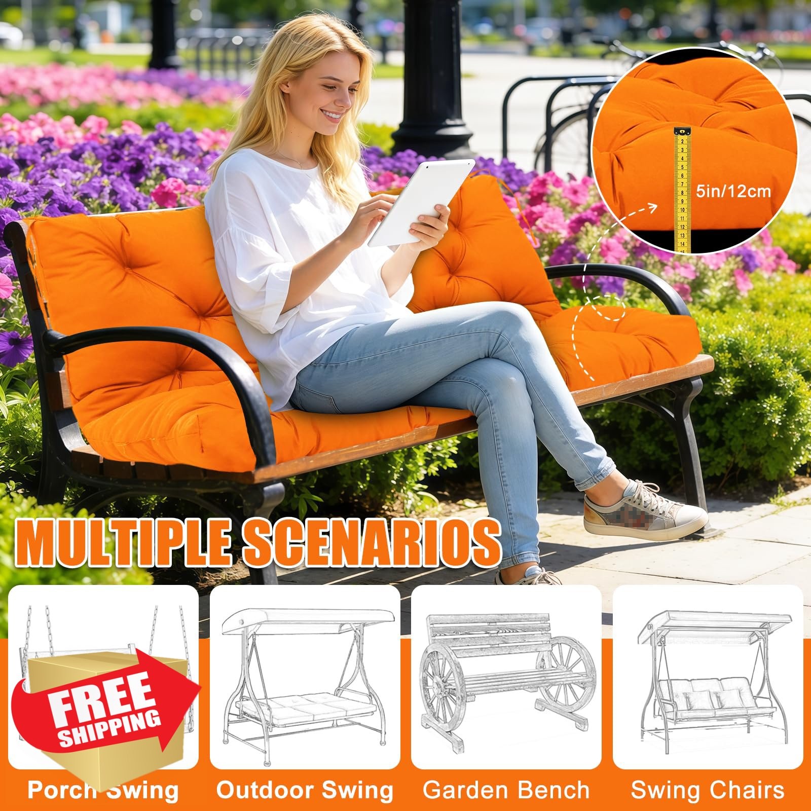 Mokoey Porch Swing Cushions 40x40" Waterproof, 2 Seater, 5" Thick Orange