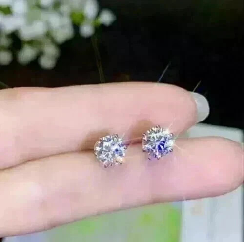 14K White Gold Plated Real Moissanite 2.00Ct Round Cut Solitaire Stud Earrings