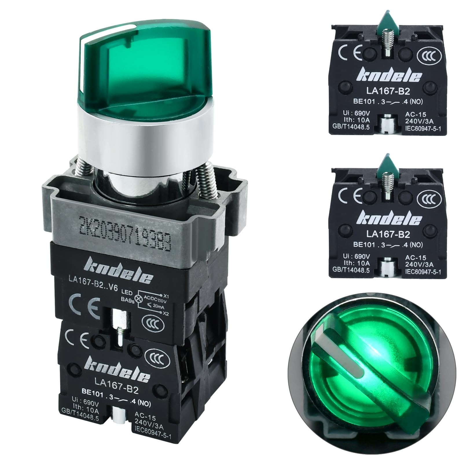 10Amp 22mm 3 Position 3 Position, Green Light 110VAC, DPDT 2NO 2NC,