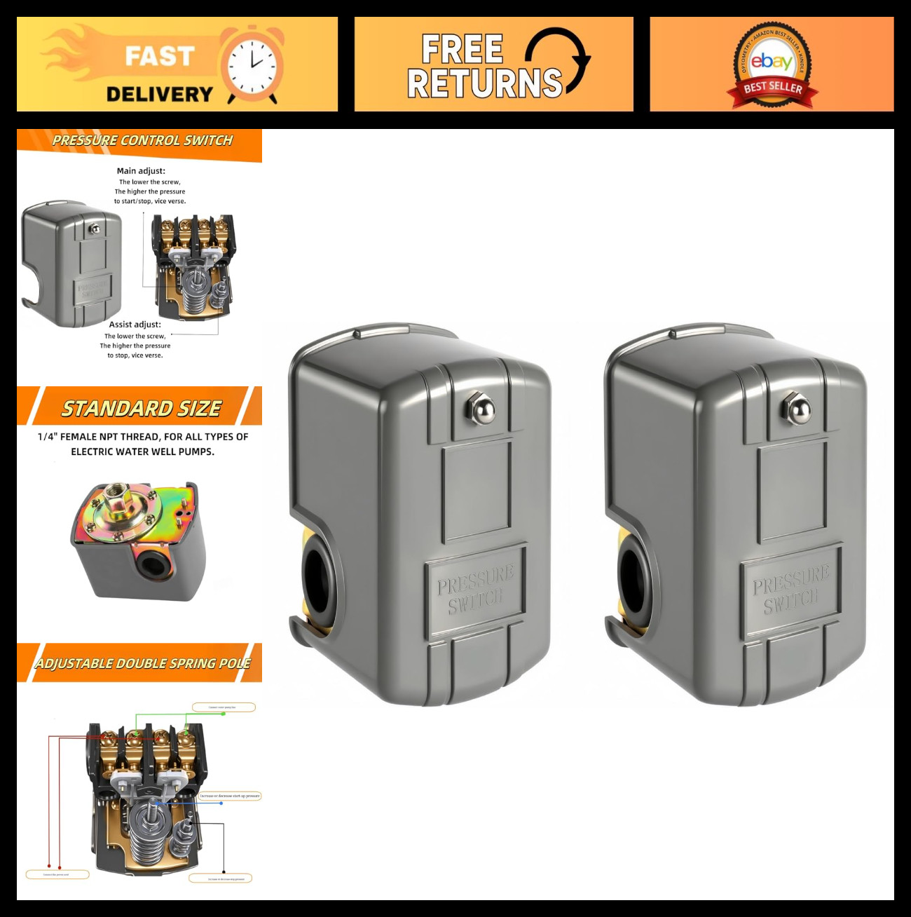 Adjustable Water Well Pressure Control Switch, 40-60 PSI, 1/4" NPT, 2 Pack