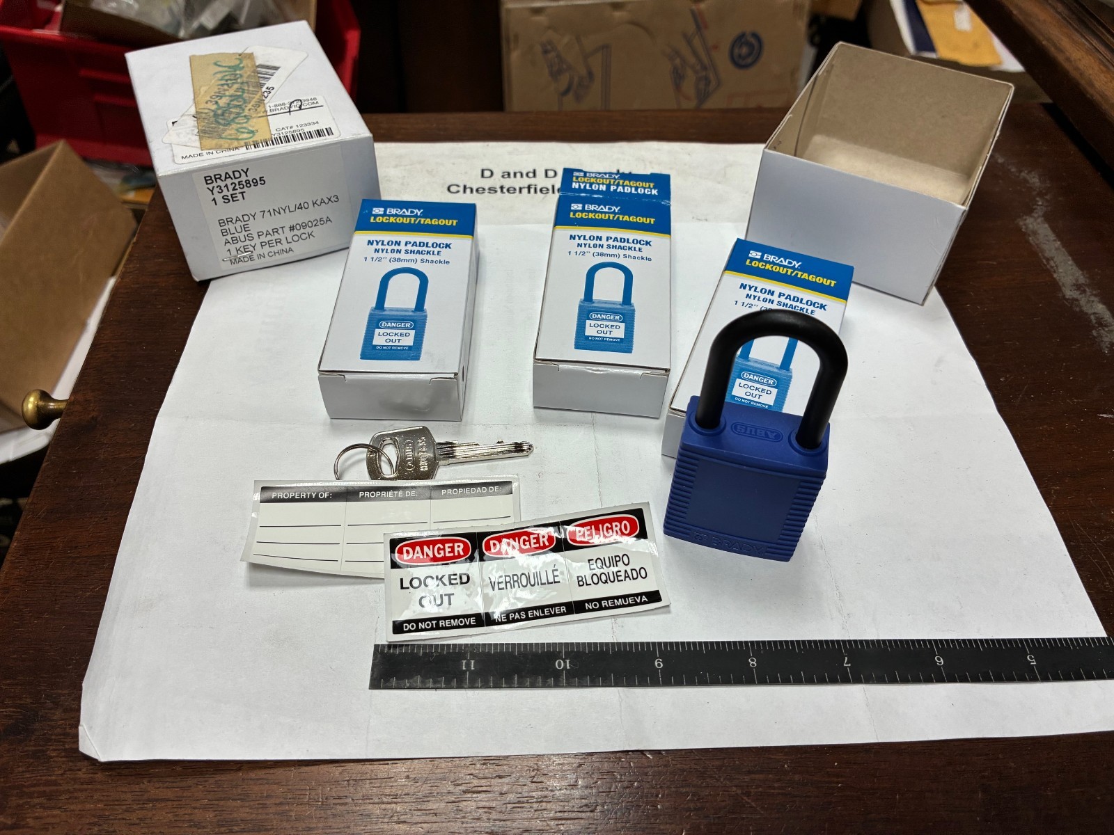 Qty 3, Brady 123334, Lockout Padlocks, Keyed Alike, Nylon, Blue, 1-1/2" Shackle