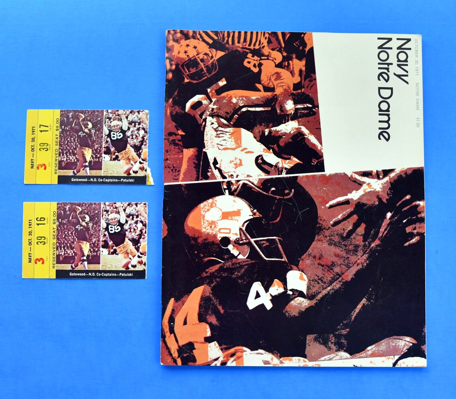 1971 Notre Dame Fighting Irish Football Program and Tickets vs NAVY Midshipman.